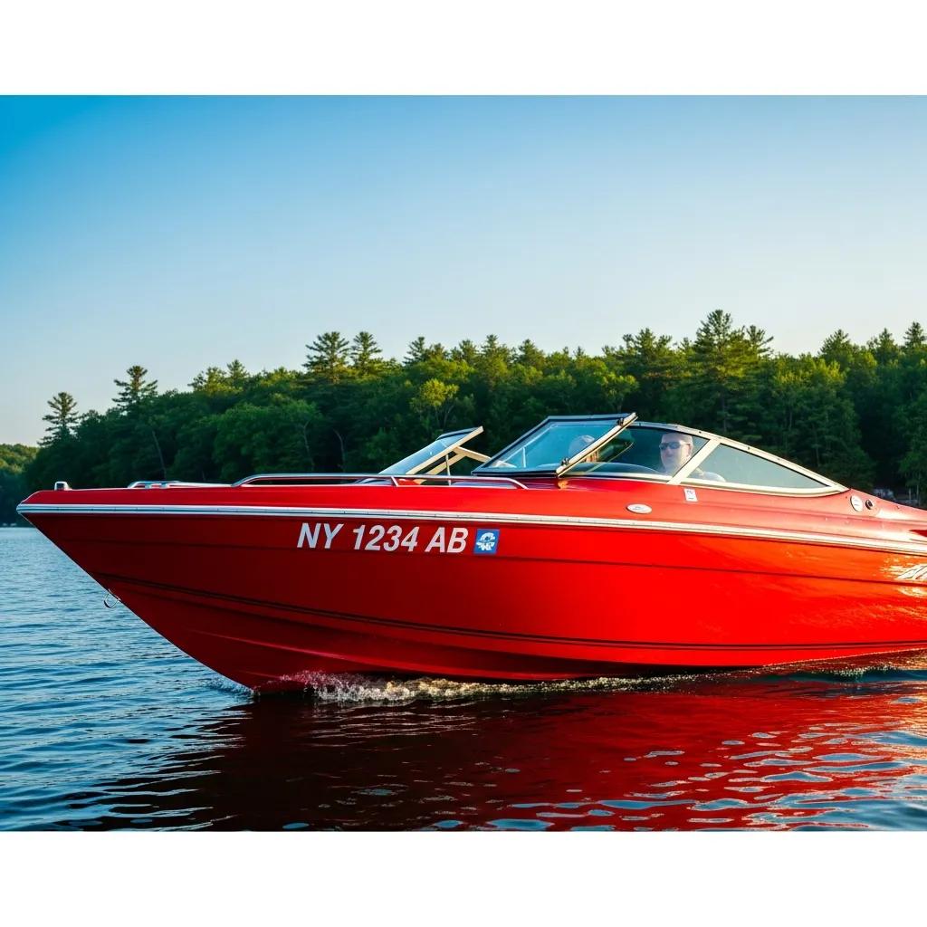 Boat on lake with visible registration numbers for compliance with boating laws